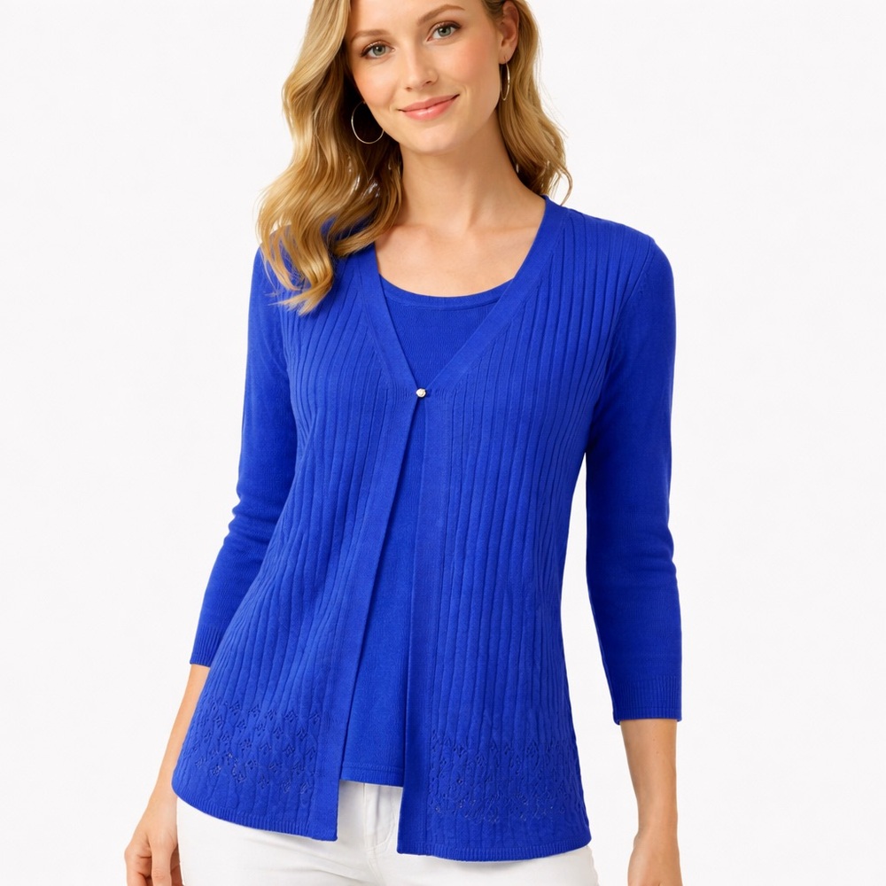 Sag Harbor Blue Faux Twinset Ribbed Knit Top Size Small